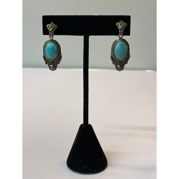 Vintage Sterling Silver Amazonite Gemstone Oval Drop Earrings 925 Ornate Dangle - Picture 2 of 8